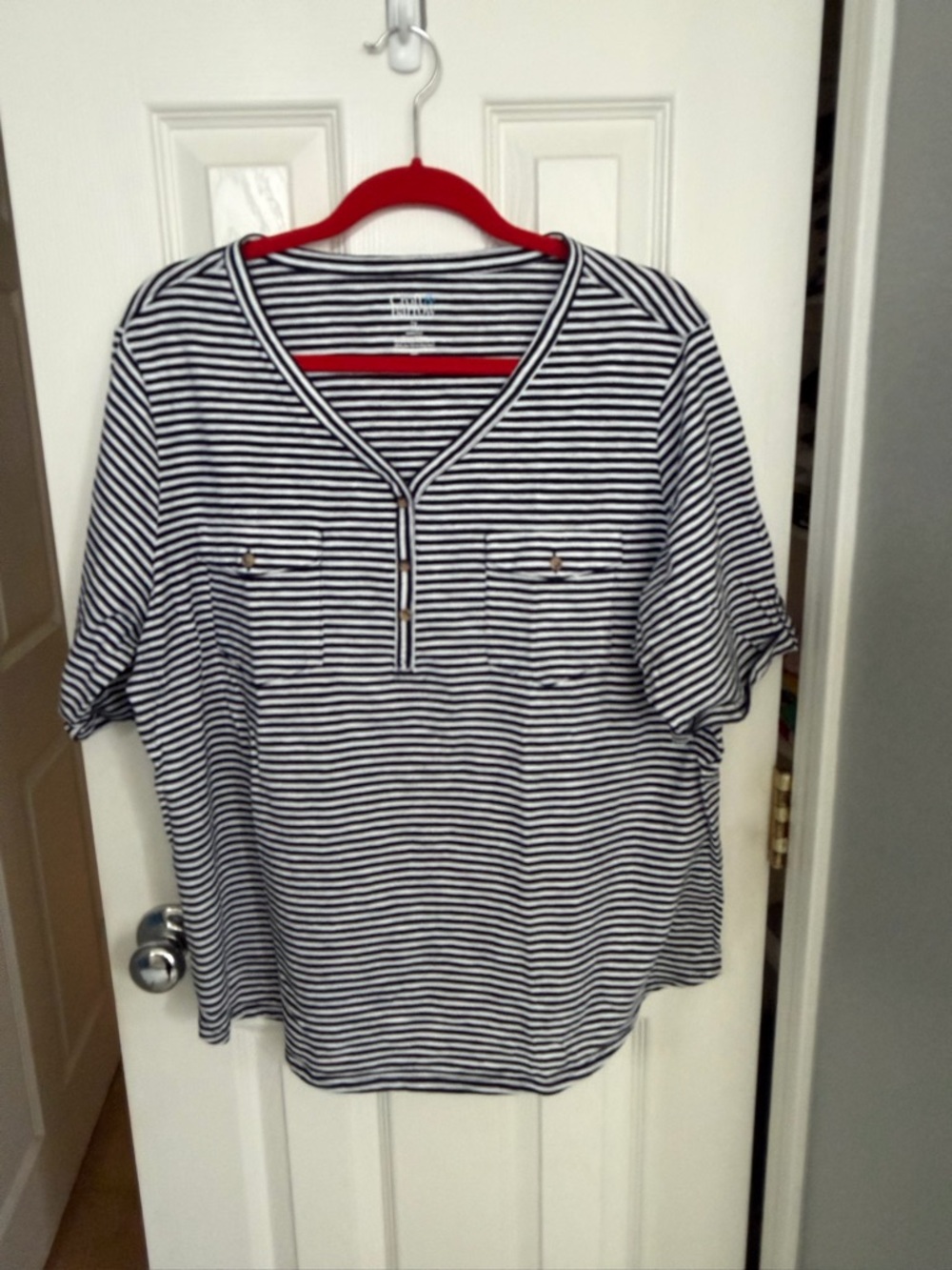 croft & barrow Navy and White Striped Short Sleeve Henley Tee